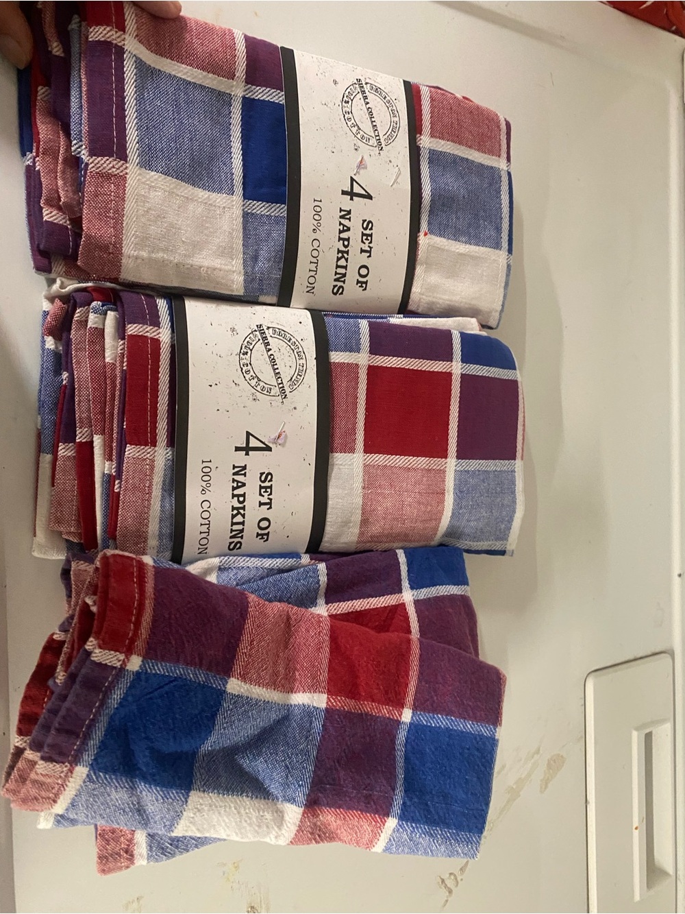 Set of 12 Cotton Plaid Napkins in Red, Blue and White
